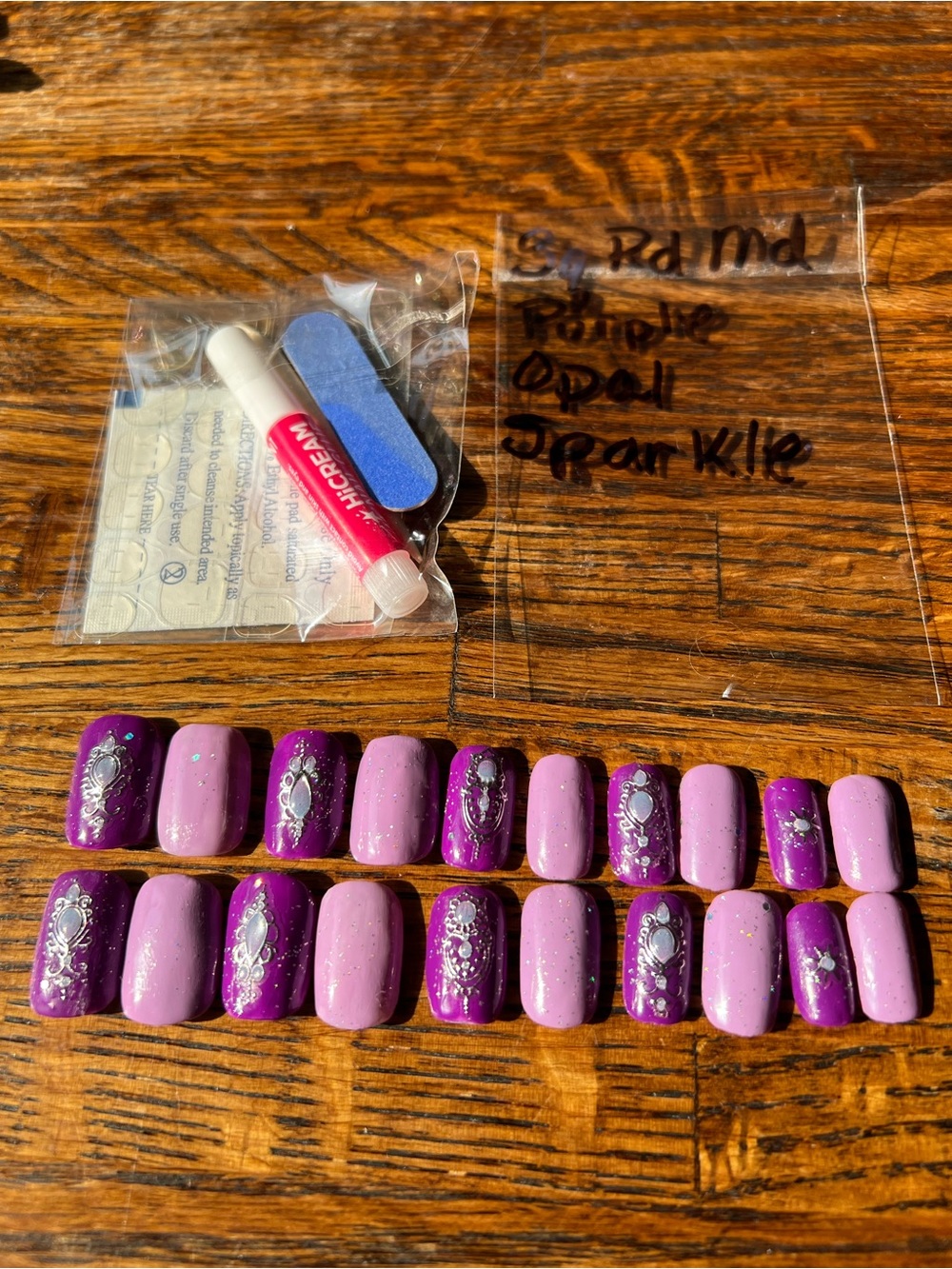 Purple & Pink Press-On Nail Set with Silver Opal Accents